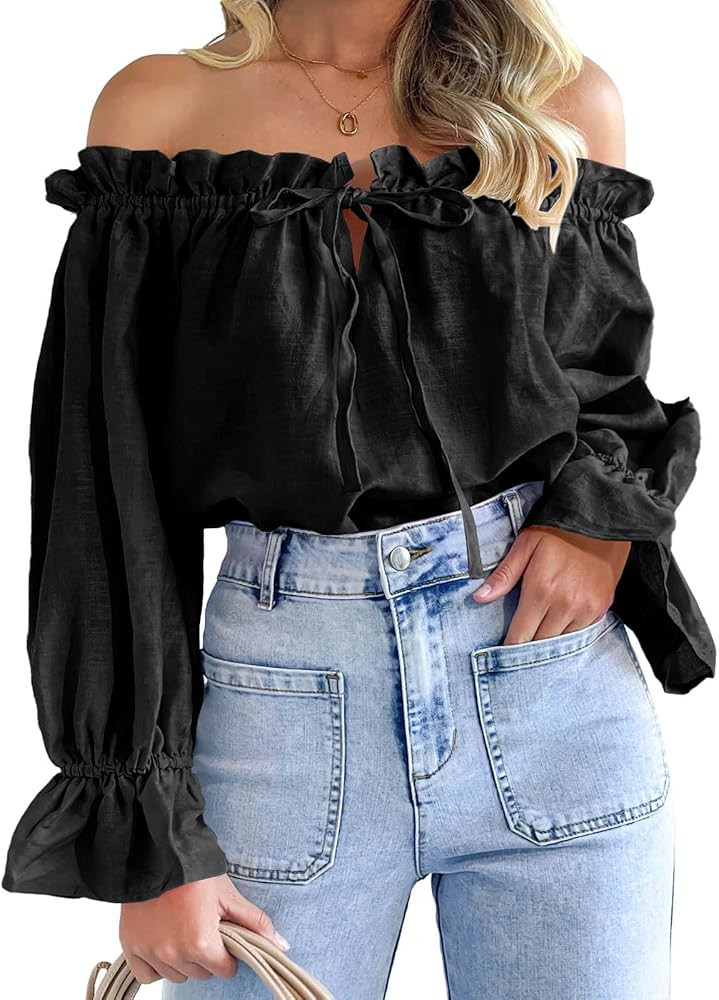 Imily Bela Womens Off The Shoulder Tops Puff Long Sleeve Tie Front Loose Fit Ruffle Shirts Blouse... | Amazon (US)