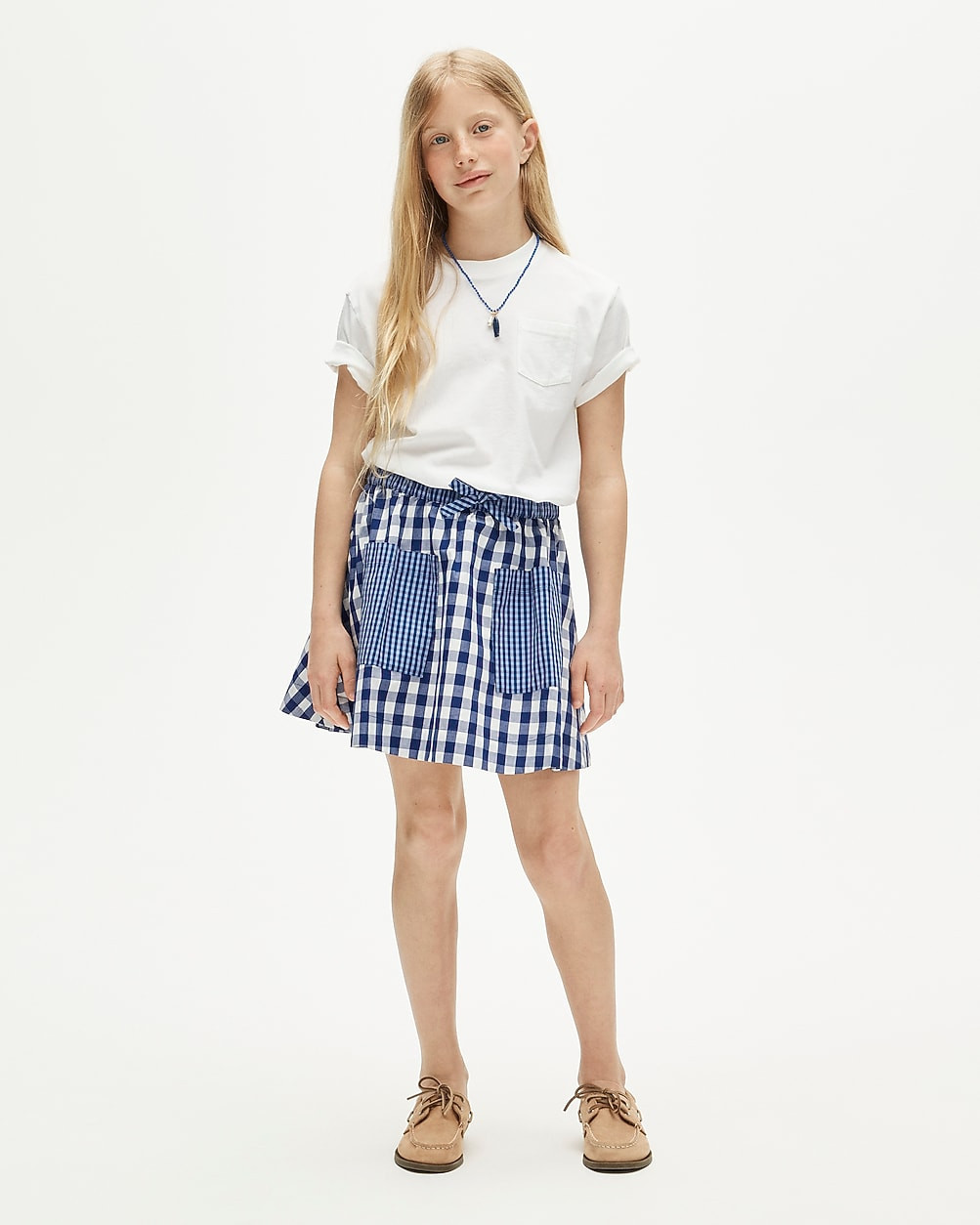 Girls' patch-pocket skirt in mixed gingham cotton poplin | J. Crew US