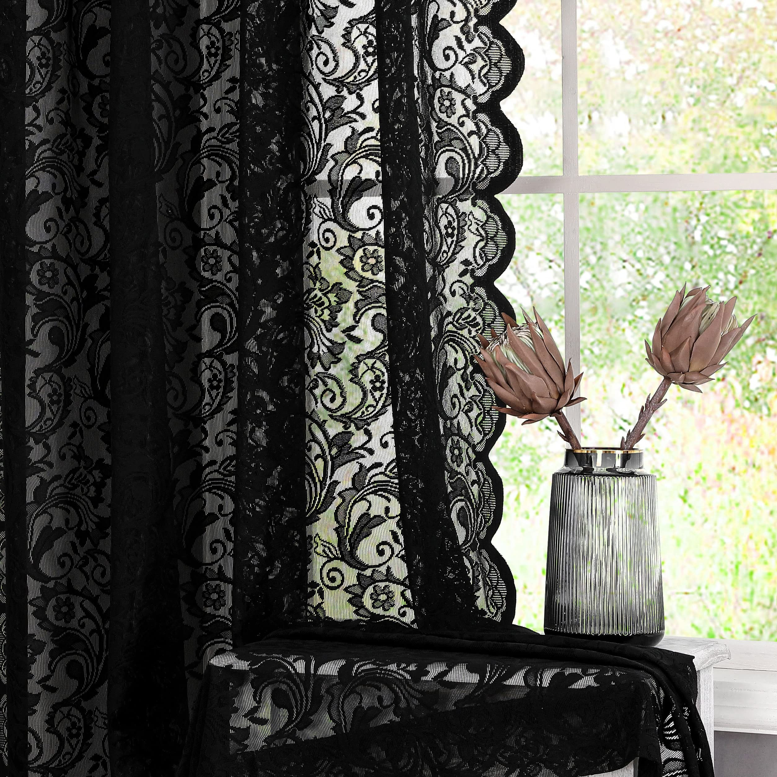 Bujasso Black Sheer Lace Curtains 84 inch Vintage Floral Sheer Gothic Curtain Panels for Living R... | Amazon (US)