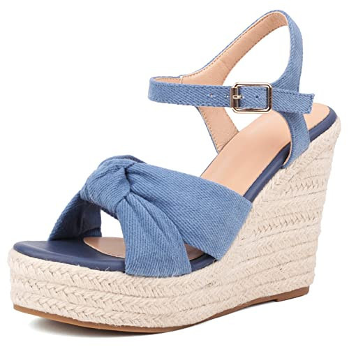 ZodyBoer Womens High Heel Espadrille Platform Wedges Sandals with Bow Tie, Cute Summer Wedge Heels with Ankle Strap, Bowknot Sandals for Women Dressy for Party, Denim Size 9 | Amazon (US)