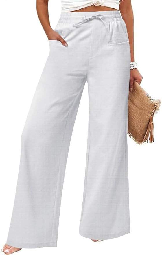 Women's Casual Linen Wide Leg Pants with Pockets Boho Palazzo High Waisted Drawstring Lounge Trou... | Amazon (US)