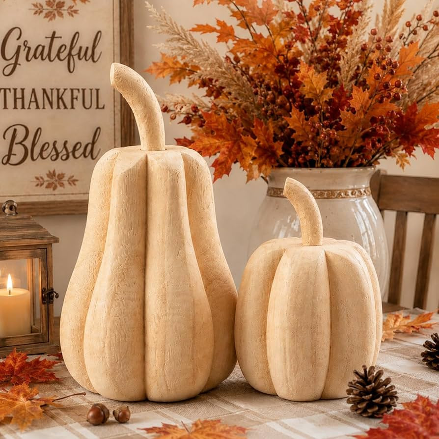 Barydat 2 Pcs Paulownia Wood Carved Pumpkins Thanksgiving Farmhouse Table | Amazon (US)