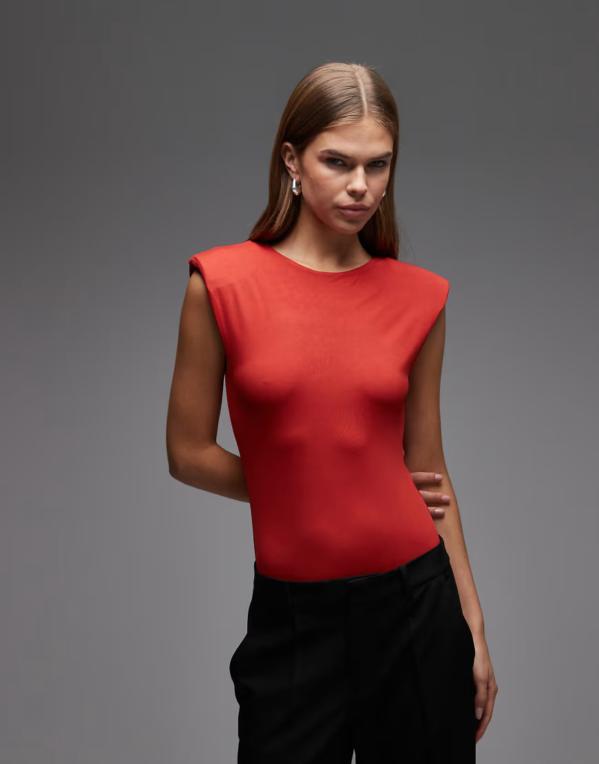 ASOS DESIGN slinky sleeveless shoulder pad bodysuit in red | ASOS (Global)