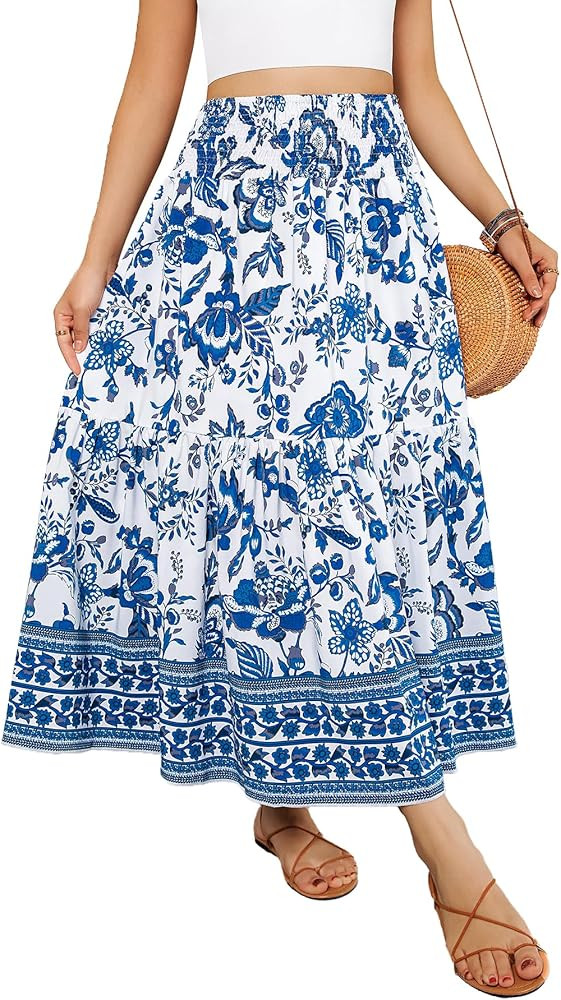 YHYJMY Women's Boho Skirt Elastic High Waist Pleated A-Line Flared Maxi Skirts Womens Flowy Long ... | Amazon (US)