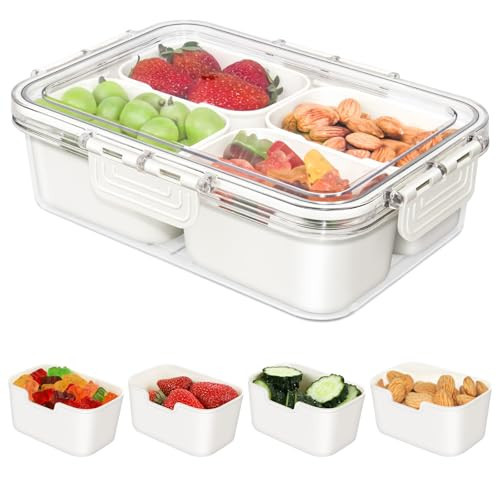 JINZORE Small Snackle Box Container, Divided Serving Tray with Lid, 4 Compartment Snack Box Container for Candy, Fruits, Charcuterie, Travel & Parties, BPA-Free (Hand Wash Only) | Amazon (US)