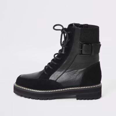 Black suede lace-up chunky biker boots | River Island (US)