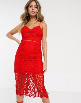 Bardot lace midi dress in red | ASOS US