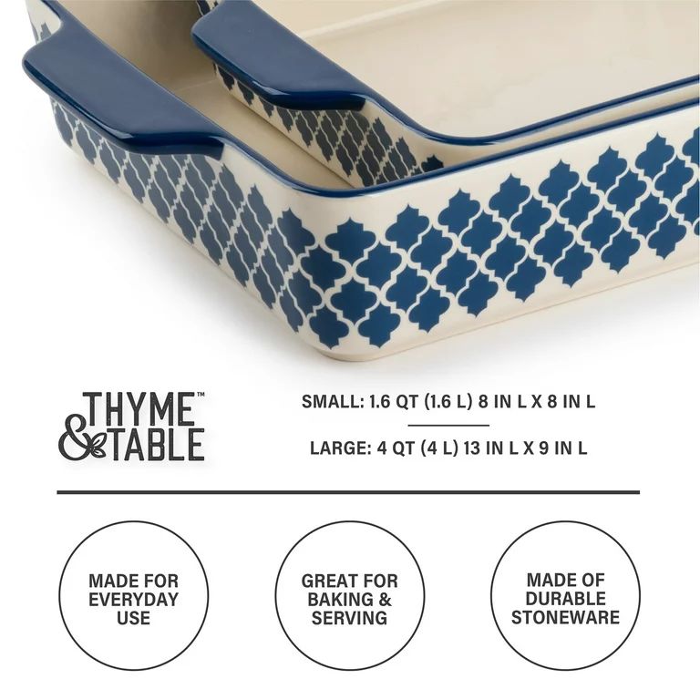 Thyme & Table Stoneware Square & Rectangular Baker, Blue Pattern, 2-Piece Set - Walmart.com | Walmart (US)