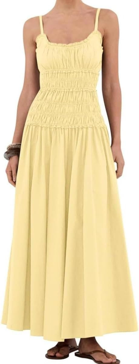Women Spaghetti Strap Maxi Dress Sleeveless Smocked Summer Dresses Ruffle Tiered Flowy Beach Vaca... | Amazon (US)