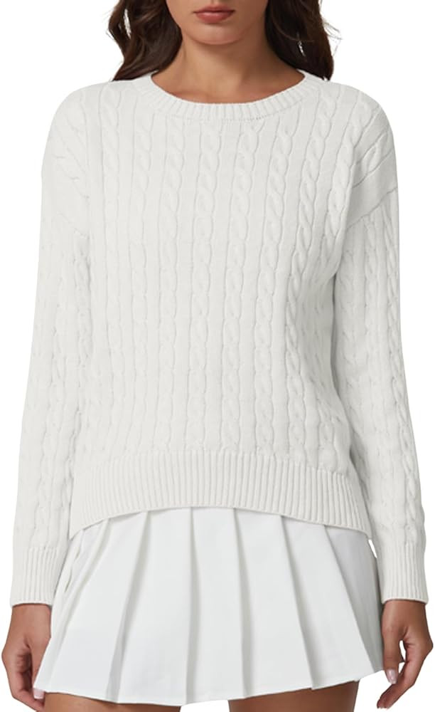 QINSEN Cable Knit Sweater for Women Long Sleeve 90s Vintage Ribbed Pullover Crewneck Sweater Tops | Amazon (US)