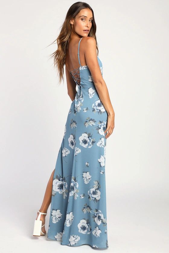 Feeling Elegant Slate Blue Floral Print Lace-Up Slit Maxi Dress Summer Wedding Guest | Lulus (US)