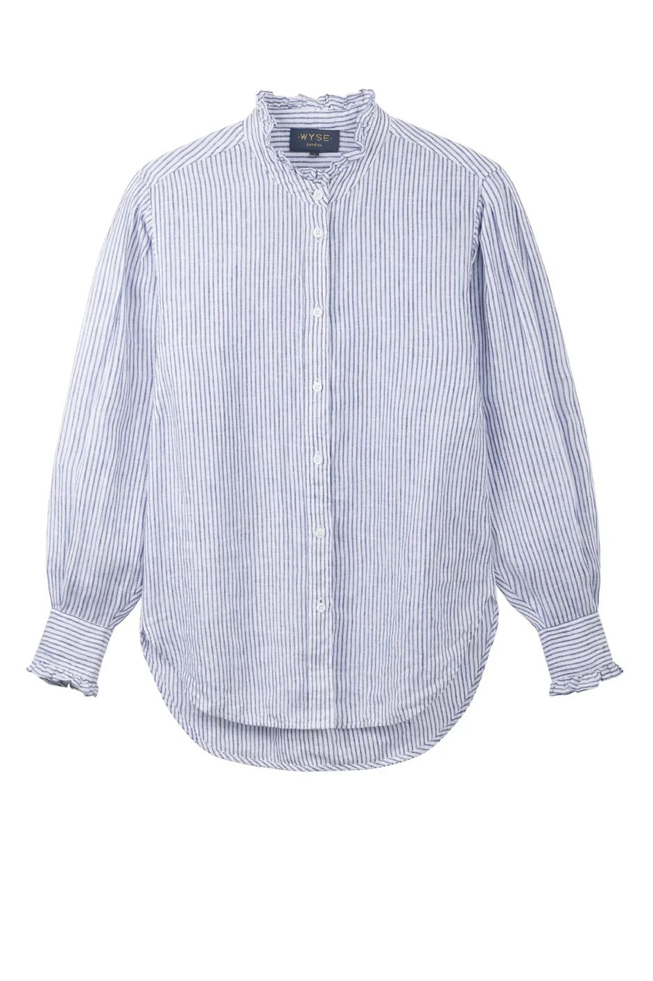 Paris Linen Stripe Frill Shirt - White/Blue | WYSE London