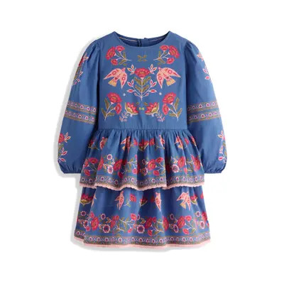 Mini Boden Kids' Gathered Waist Rara Dress in Blue Birds Placement at Nordstrom, Size 6-7 | Nordstrom