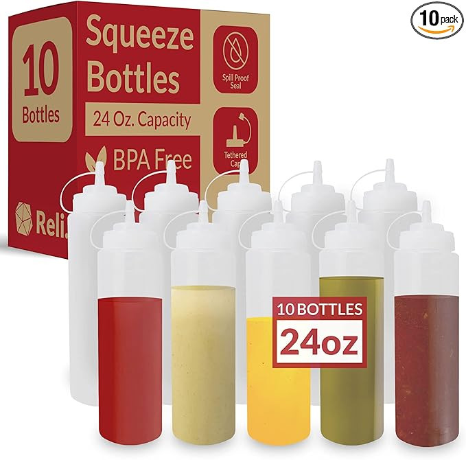 Reli. Plastic Squeeze Bottles, 24 oz. | 10 Pack | Condiment Squeeze Bottles for Sauces | Clear w/... | Amazon (US)