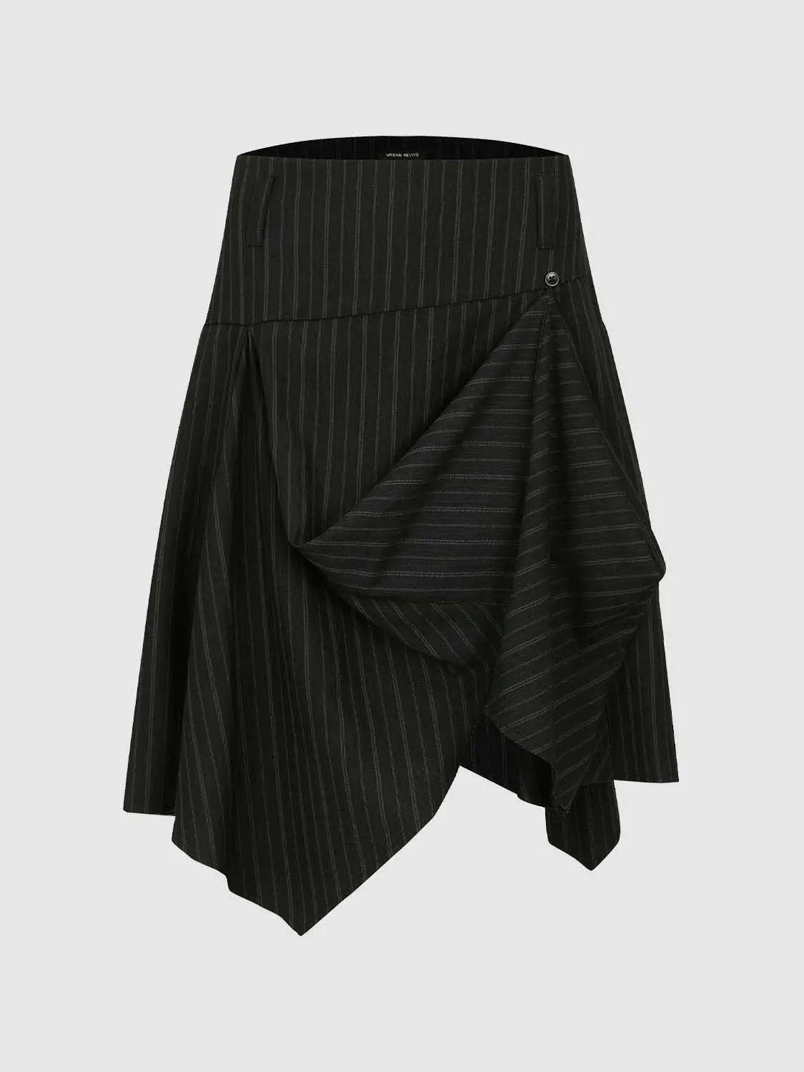 Pinstripe High Waist Draped Asymmetric Wrap Midi Skirt | Urban Revivo