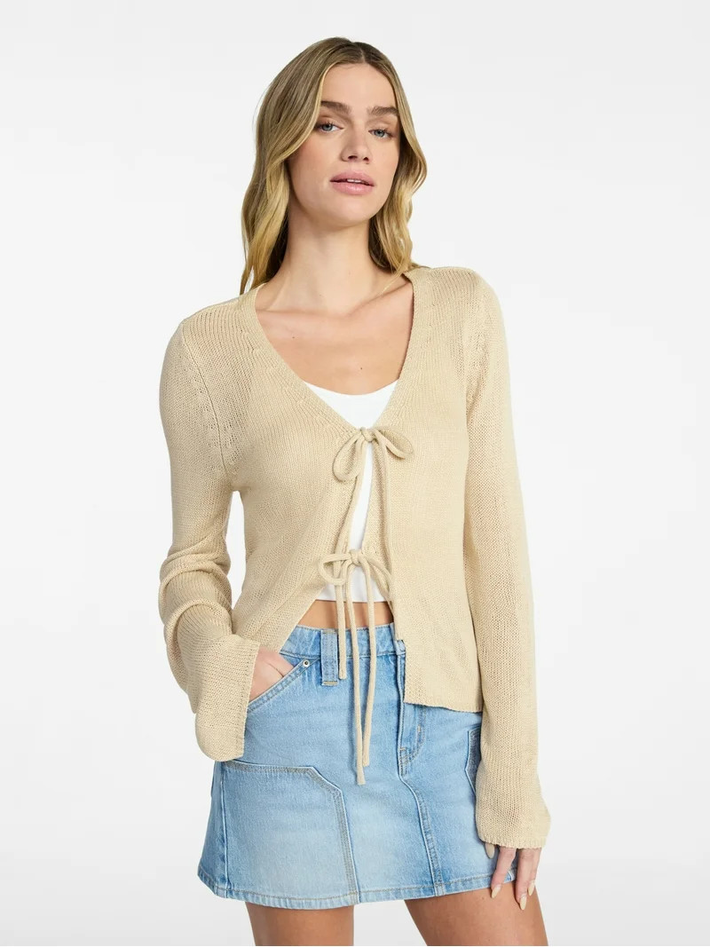 No Boundaries Tie Front V-Neck Cardigan with Bell Sleeves, Women's & Women's Plus XXS-4X | Walmart (US)