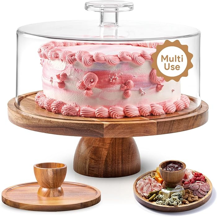 HOMESPHERE Acacia Wood Cake Stand with Lid - Multifunctional 12 In Round Cake Holder, Dessert Tab... | Amazon (US)
