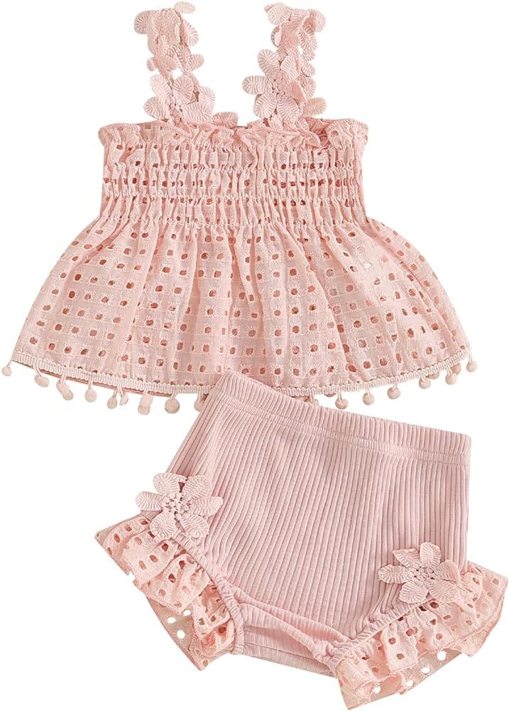 Murnouche 3Pcs Newborn Baby Girl Summer Clothes Ruffle Trim Sleeveless Ribbed Top Shorts with Hea... | Amazon (US)