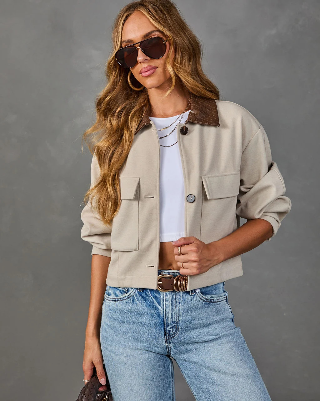 Fall Energy Contrast Vegan Leather Collar Utility Jacket | VICI