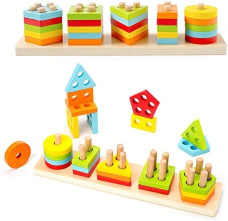 Amazon.com: WOOD CITY Wooden Sorting & Stacking Toy, Shape Sorter Toys for Toddlers, Montessori C... | Amazon (US)