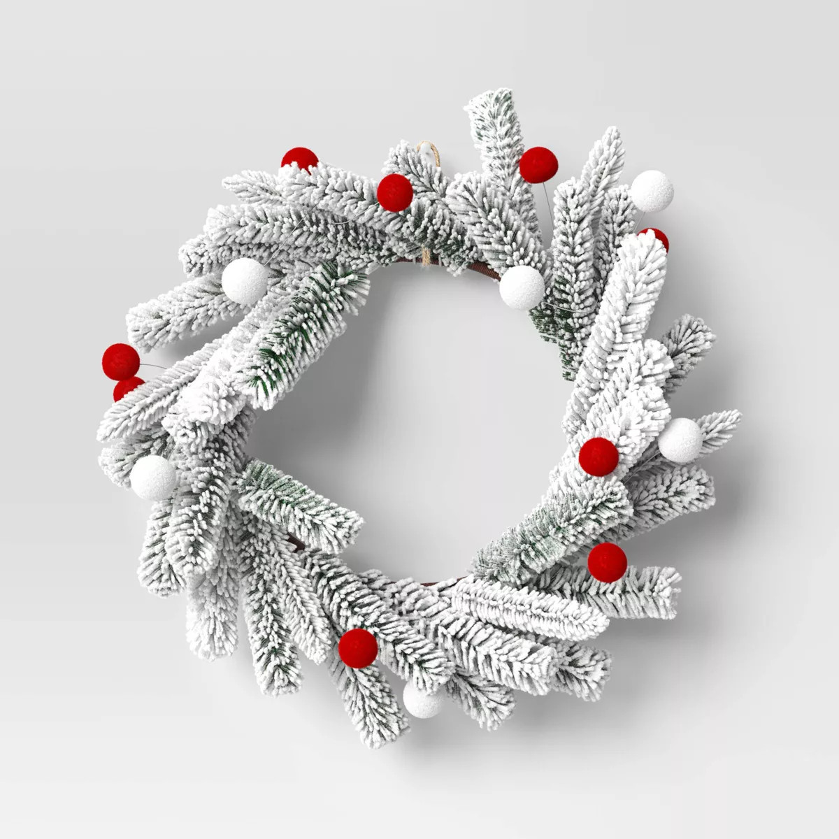 18" Flocked Mixed Greenery with Pom Poms Artificial Christmas Wreath White/Red - Wondershop™ | Target
