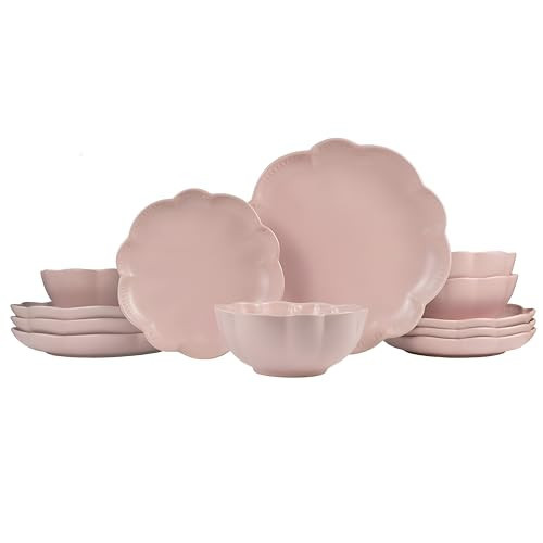 Sango 12 Pieces Scalloped Dinnerware Set, Modern Pink Dishes for 4, Premium Serving Plates & Bowls Sets, Chip Resistant, Blush Ceramic Dishware, Kitchen Dish, Microwave & Dishwasher Safe, Bethany | Amazon (US)