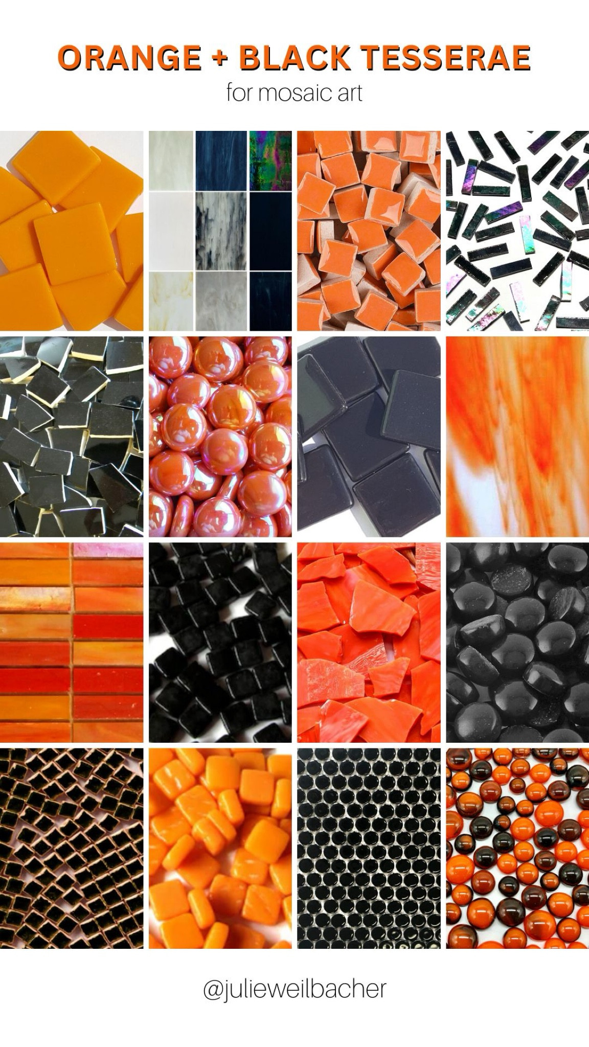 Sharing orange and black tesserae to use in mosaic art. 🧡 This collection includes recycled glass tile, stained glass, ceramic tile, broken plates, glass dots, mini glass tile, and penny tile. 🖤 For mosaic tips, tutorials, inspiration, and so much more please visit my YouTube channel: YouTube.com/julieweilbacher. Follow @julieweilbacher on Instagram for all things mosaic art. Halloween crafts - mosaic - ceramic tile - glass crafts - mosaic art - diy Halloween decor - stained glass - mosaics 

#LTKSeasonal #LTKHome #LTKFindsUnder50