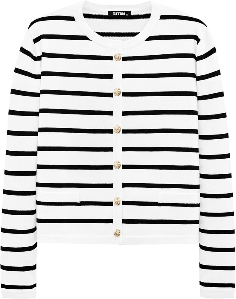 BTFBM Women's Cardigans Sweater 2024 Fall Striped Long Sleeve Button Down Crop Open Front Knit Ou... | Amazon (US)