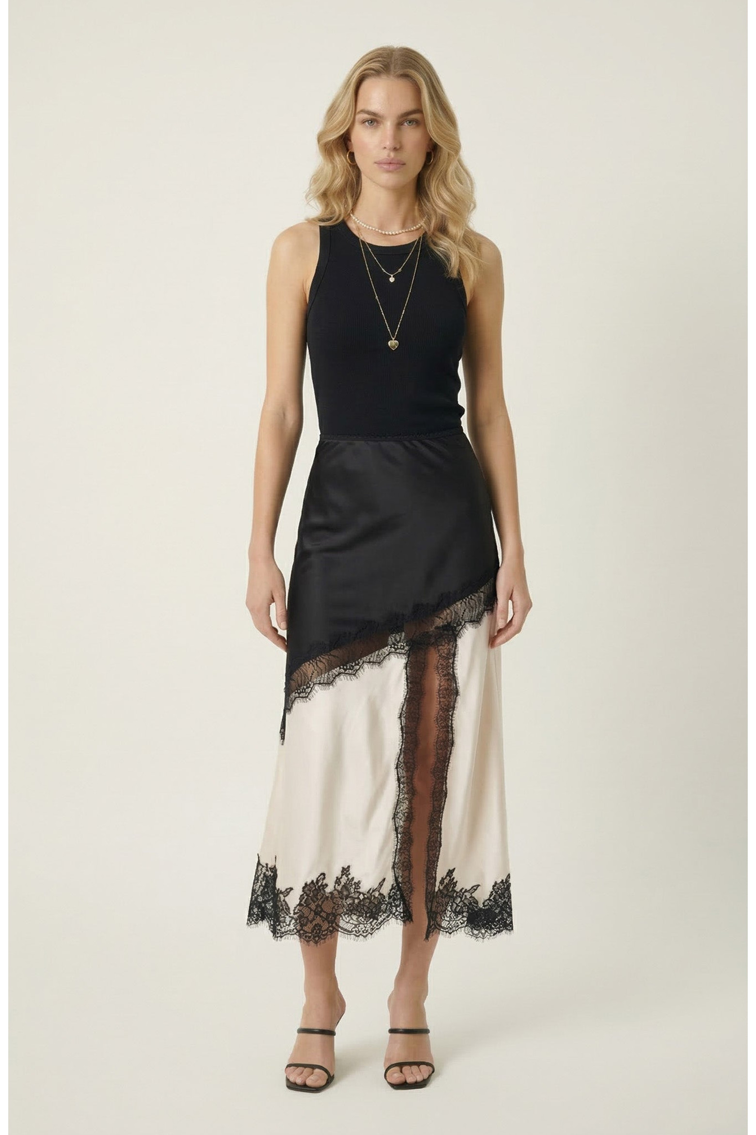 Lace Trim Asymmetric Satin Midi Skirt with Contrast Panel (Women) | Nordstrom | Nordstrom