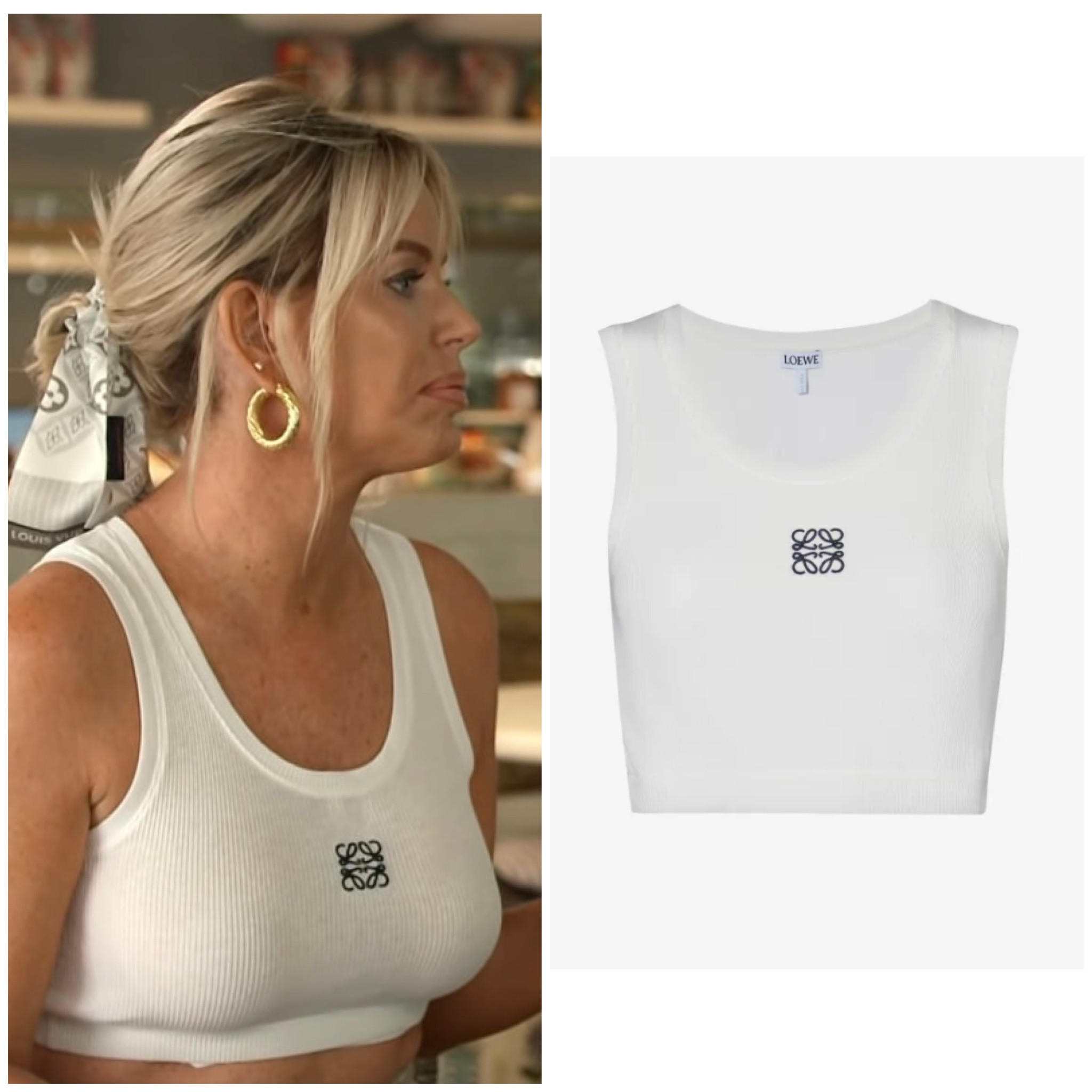 Caroline Stanbury’s White Ribbed Cropped Logo Tank Top