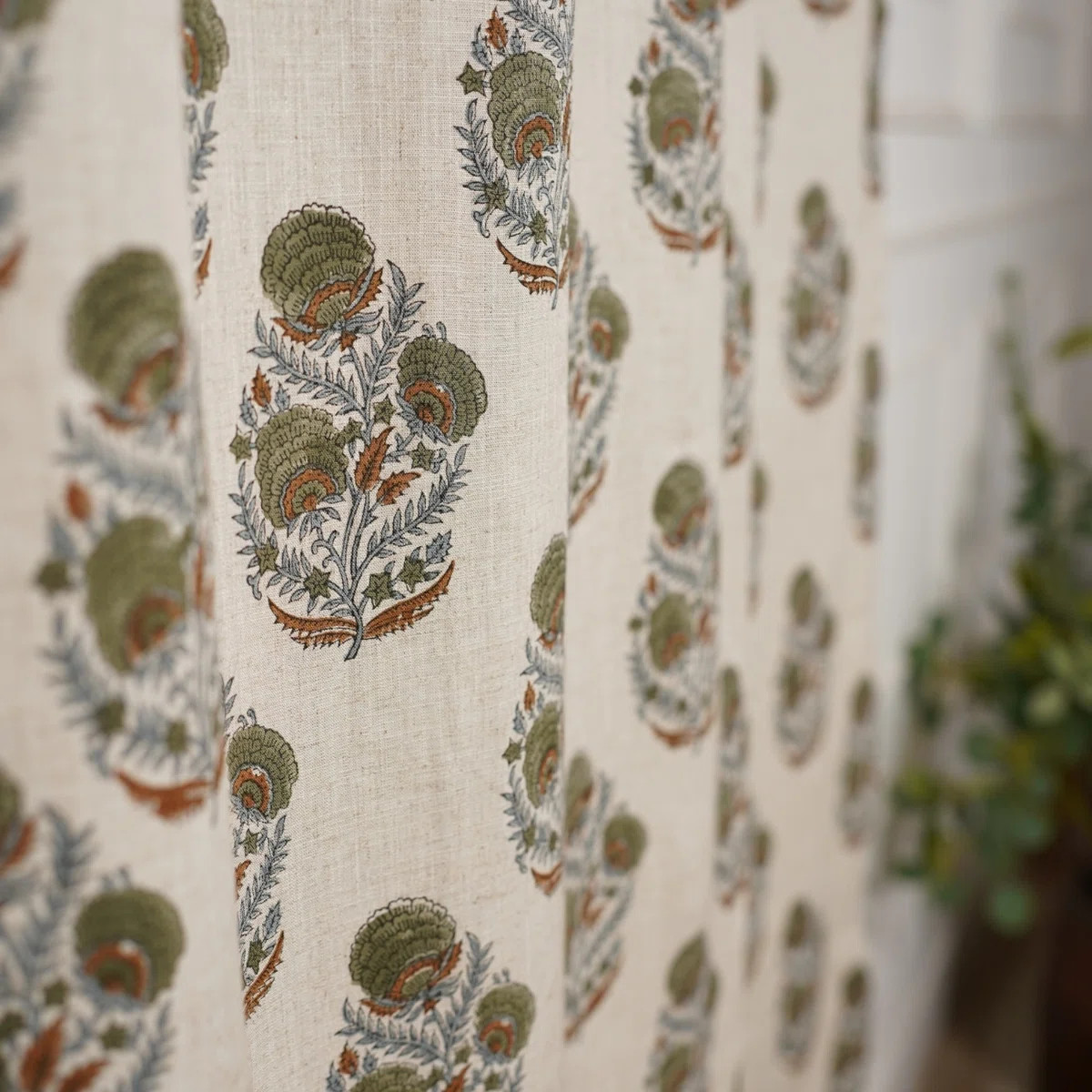 Artistic Block Print Linen Curtain Nature-Inspired, Mohini, Green | Wayfair North America