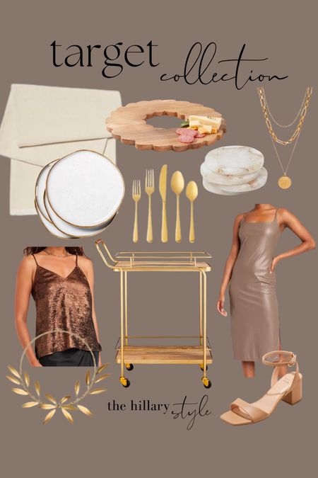 Target Collection: Target has some great new arrivals for holiday entertaining! Bar cart, faux leather dress, sequin camisole, nude heels, table runner, gold flatware, charcuterie board, coasters, gold wreath, stoneware plates, gold necklace.

#LTKstyletip #LTKHoliday #LTKSeasonal