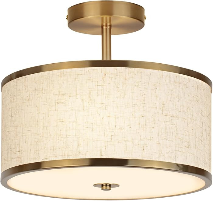 12.6 Inch Semi Flush Mount Ceiling Light, 3-Light Drum Lamp with Gold Brass Finish and Beige Shad... | Amazon (US)