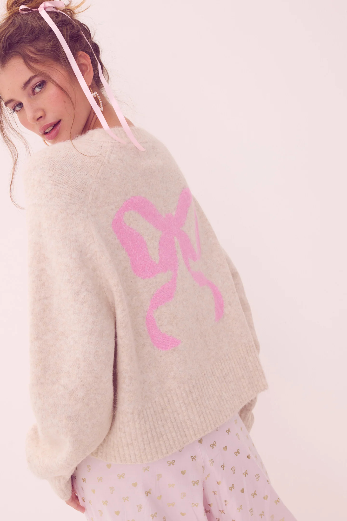 PINK x LoveShackFancy Bow Boxy Crew Cardigan Sweater | LoveShackFancy