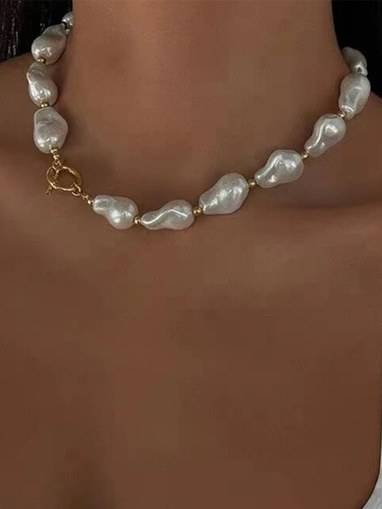 1pc Retro-Inspired Gold-Tone Beaded Baroque Pearl Stainless Steel OT Clasp Necklace | SHEIN