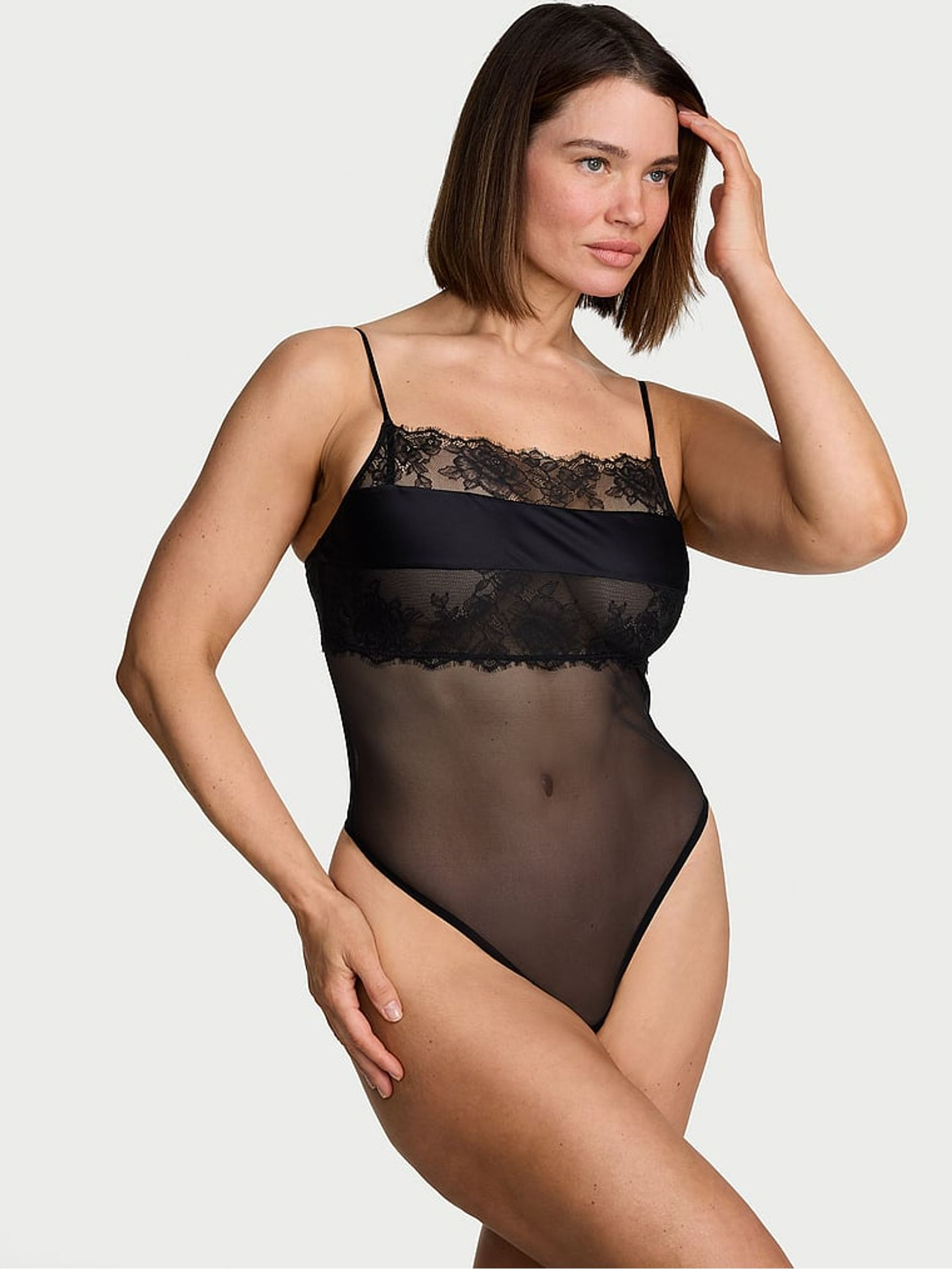 Black Lace & Mesh Straight Neck Bodysuit | Victoria's Secret UK | Victoria's Secret UK