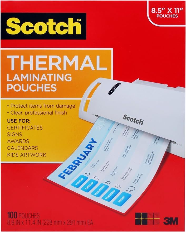 Scotch Thermal Laminating Pouches, 100-Pack, 8.9 x 11.4 inches, Letter Size Sheets (TP3854-100) | Amazon (US)