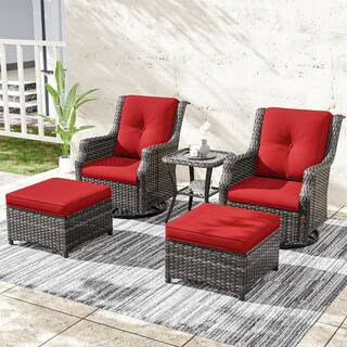 5-Piece Wicker Outdoor Patio Conversation Set with Swivel Rocking Chairs, Ottomans and Beige Cushions | The Home Depot