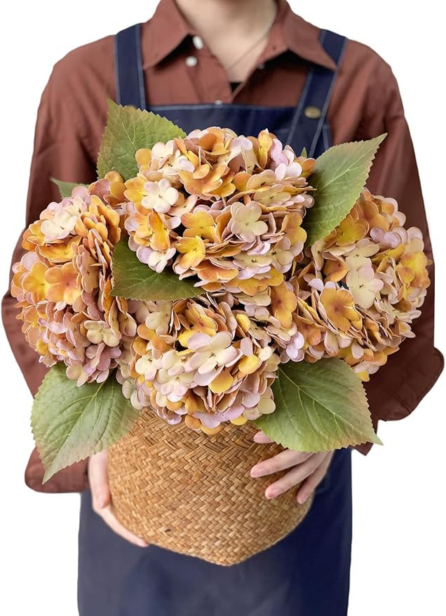 4pcs 20Inch Real Touch Silk Artificial Hydrangea, Yellow & Purple Artificial Flowers Heads with S... | Amazon (US)