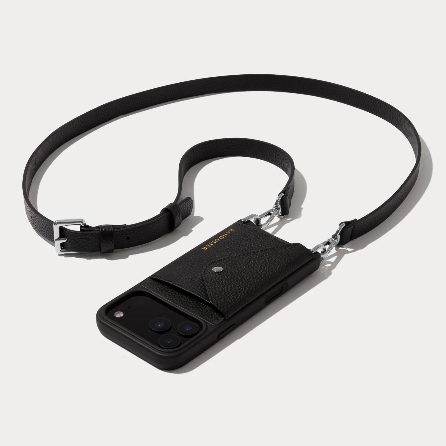 Hailey Side Slot Leather Crossbody Bandolier in Black/Silver | iPhone 14 Plus | Bandolier Style | Bandolier