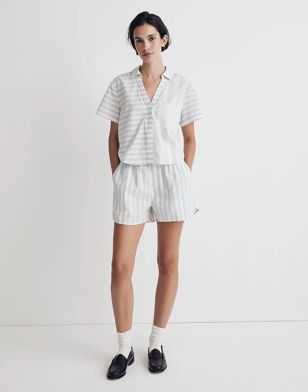 Y-Neck Button-Up Shirt in Mixed Stripe | Madewell
