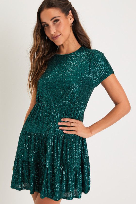 Emerald Green Sequin Tiered Mini Shift Dress | Green Sequin Dress | Christmas Dress | Lulus (US)