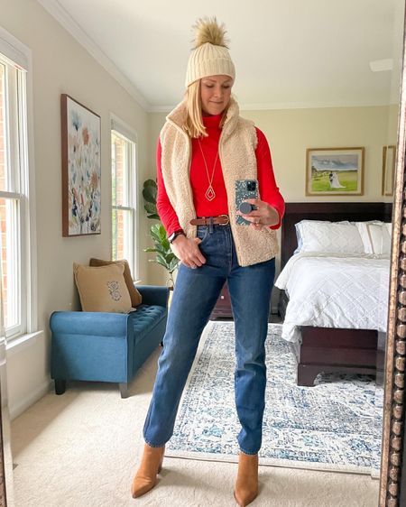 Casual holiday outfit idea 

Red turtleneck with cream sherpa vest and 90s straight leg jeans.. styled with pom beanie hat and boots

Holiday weekend outfit 

#LTKparties #LTKfindsunder50 #LTKHoliday