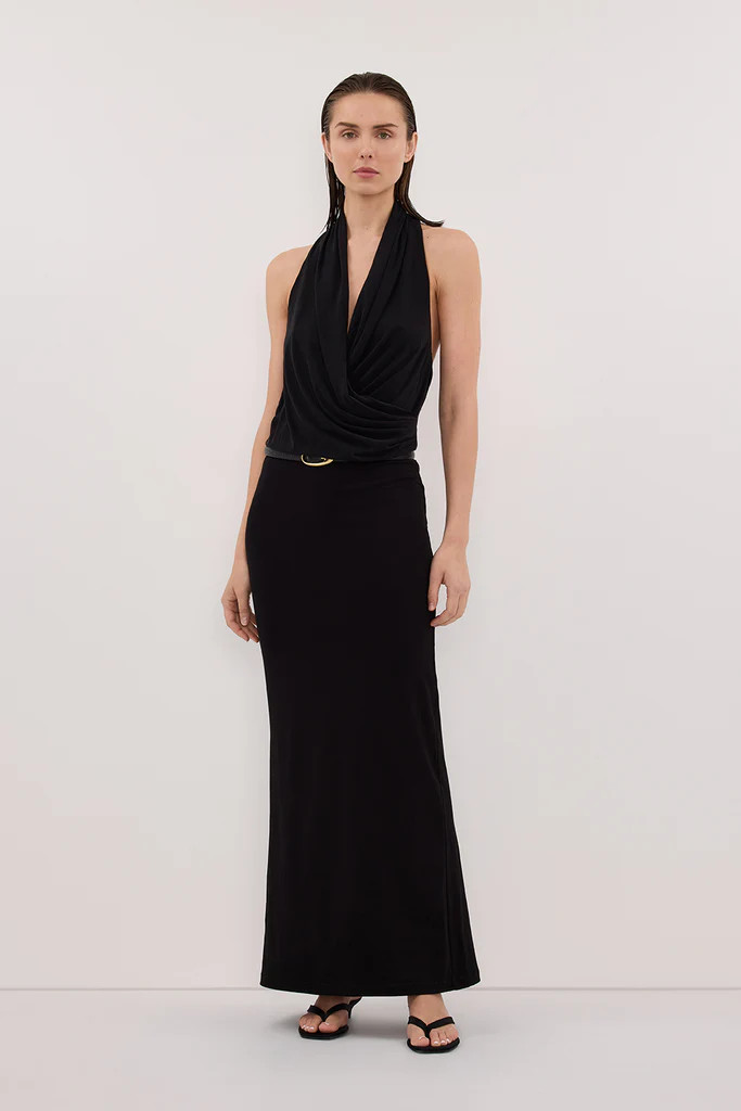 FELICITY BLACK SLEEVELESS HALTER MIDI DRESS | DISSH