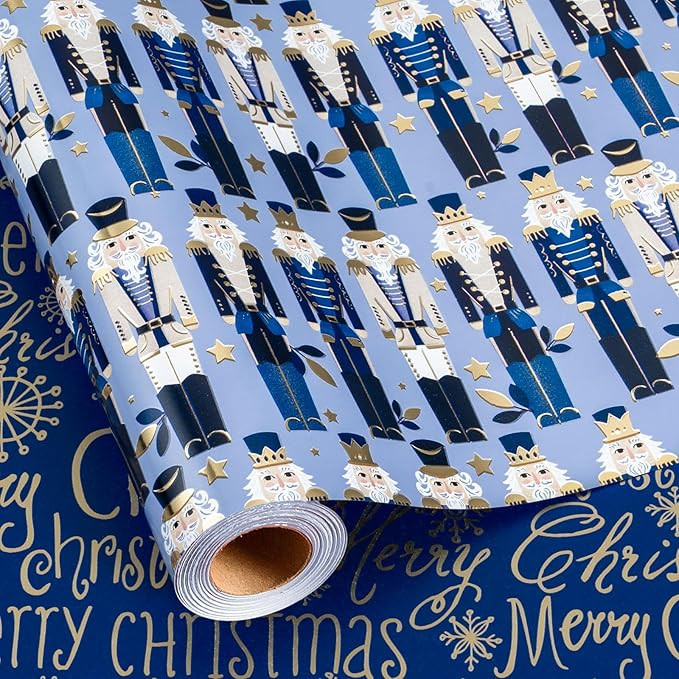 Burymento Christmas Wrapping Paper, Reversible Blue Nutcracker Design Gift Wrapping Paper Suitabl... | Amazon (US)