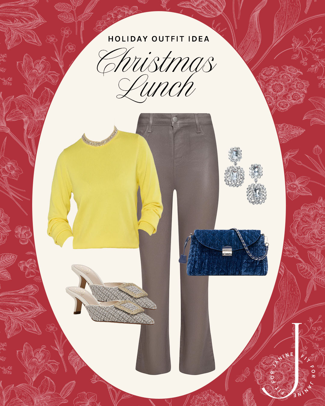 Everyone will be talking when they see you arrive in this look! The gorgeous yellow embellished sweater, paired with gray coated denim, pointed toe heels, a velvet blue handbag, and FUN earrings will have everyone asking if they can borrow!

Fit4Janine, Avara, Sweater, Accessories, Earrings, L'Agence, Sam Edelman, MZ Wallace, Purse, Clutch 

 #LTKHoliday #LTKSeasonal #LTKStyleTip