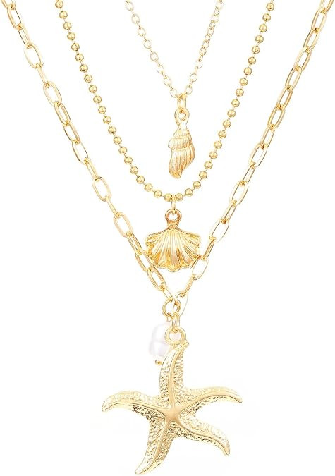Gold Shell Necklace for Women Layered Sea Shell Necklace Seashell Starfish Necklaces Pearl Shell ... | Amazon (US)