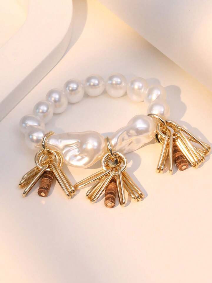 1pc Exaggerated Retro Earthy Tone Coffee Color Beaded Natural Coconut Shell Round Wooden Bead Baroque Faux Pearl Tassel Bracelet, Suitable For Women Party, Vacation, Daily Wear | SHEIN