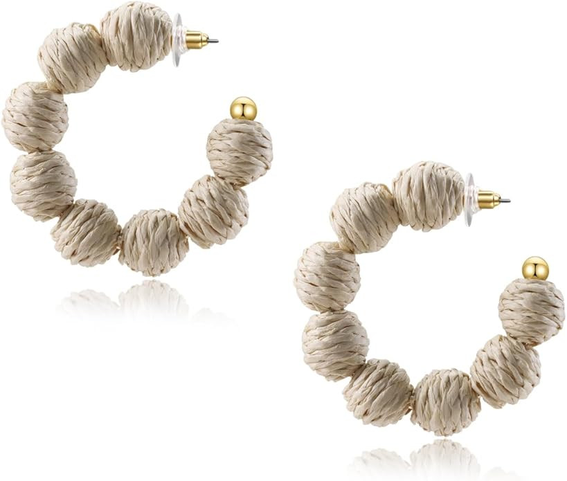 Colorful Statement Raffia Hoop Dangle Earrings for Women - Fun Summer Rattan Beach Vacation Jewel... | Amazon (US)