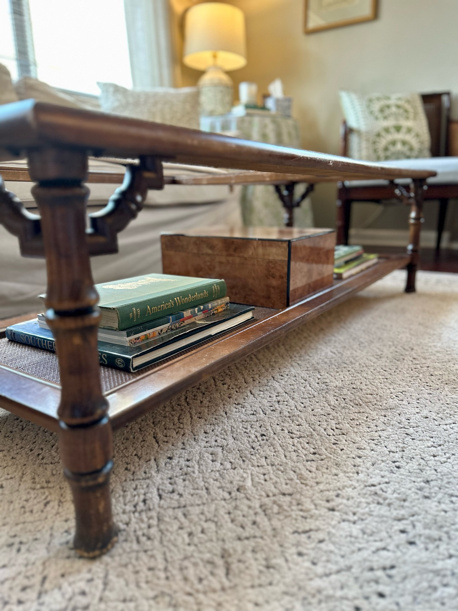 I found our coffee table on Facebook Marketplace for $40 and love the faux bamboo detailing on the legs and cane shelf for displaying books. The Burl wood box shown fits perfectly in the shelf and stores our tv remotes out of sight to help keep our space uncluttered!

Our living room so far feels pretty finished, but there are still some updates I’d like to make! Here’s a look at how it looks now to give you an idea of the space we’re working with and the different vignettes set up in the room!

First house, living room, blue and green decor, southern traditional, antique furniture, smaximalist, southern maximalism, affordable home decor, interior design hack, cane furniture, faux bamboo furniture, ikea sofa, skirted table

#LTKfindsunder50 #LTKfindsunder100 #LTKhome